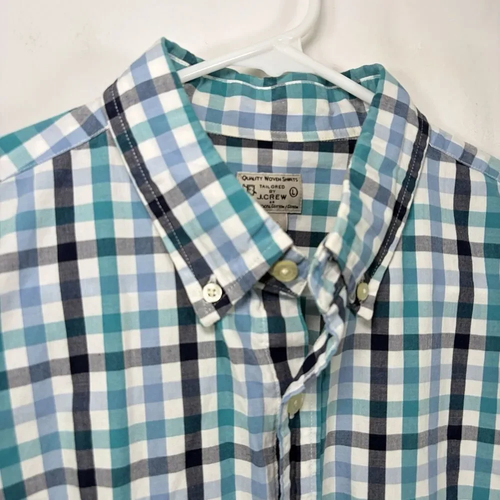 J.Crew Button Down Shirt Mens Large Blue Teal Black Gingham Check Long Sleeve